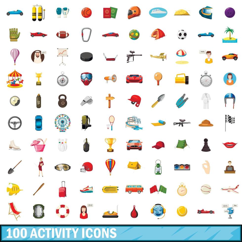 100 icone attive impostate, stile cartone animato vettore