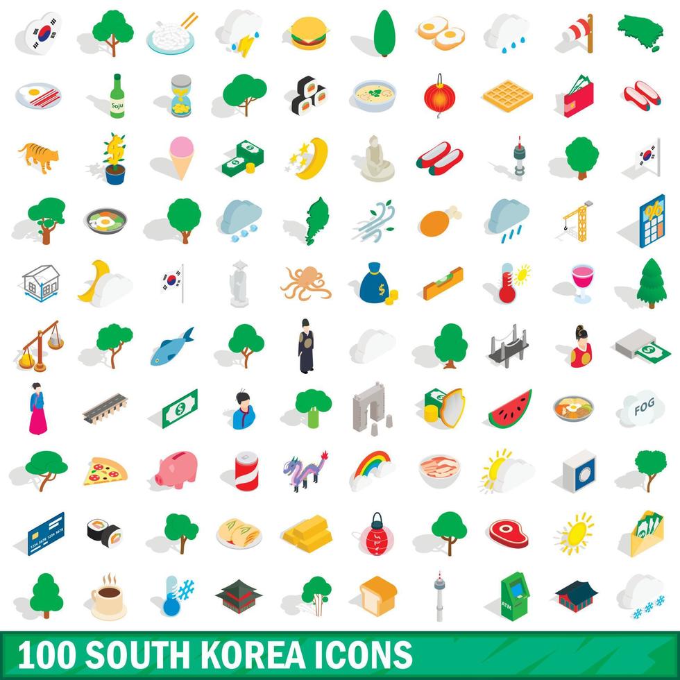 100 set di icone della Corea del sud, stile 3d isometrico vettore