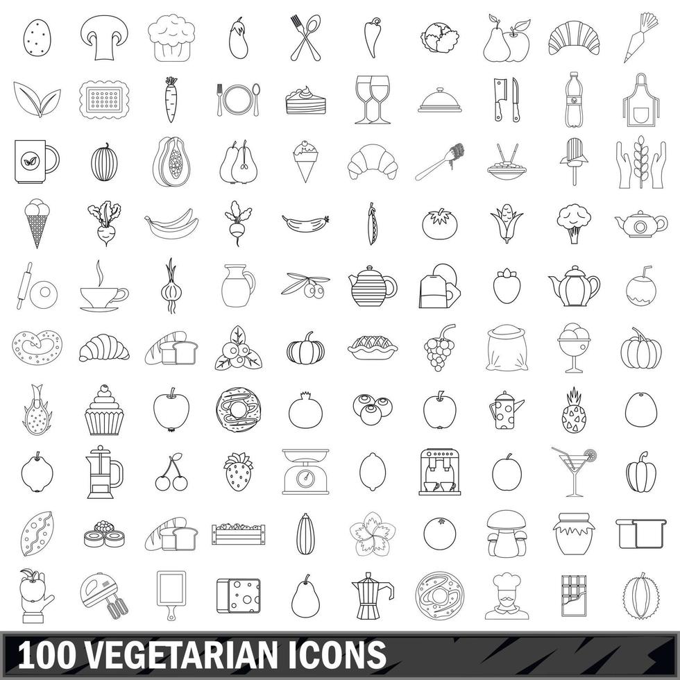 100 icone vegetariane impostate, stile contorno vettore