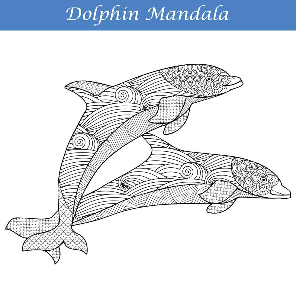 elementi decorativi vintage delfino con mandala. stile zentangle delfino disegnato a mano vettore