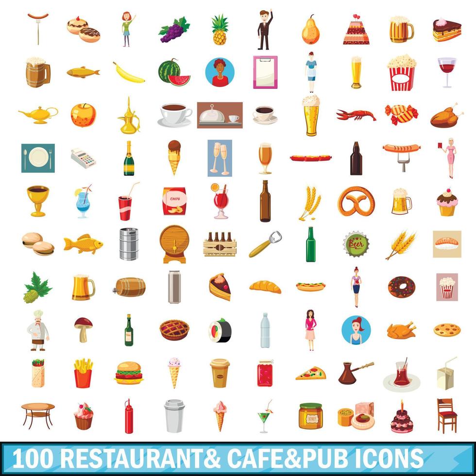 100 icone del caffè del ristorante messe, stile del fumetto vettore