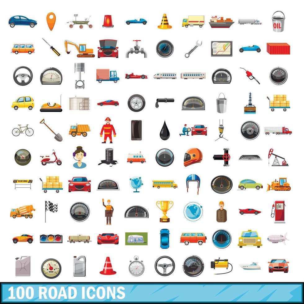 100 icone stradali impostate, stile cartone animato vettore