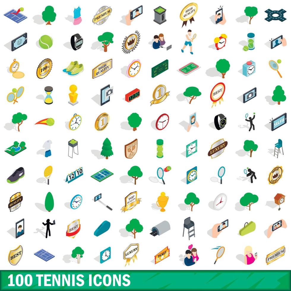 100 icone di tennis impostate, stile 3d isometrico vettore