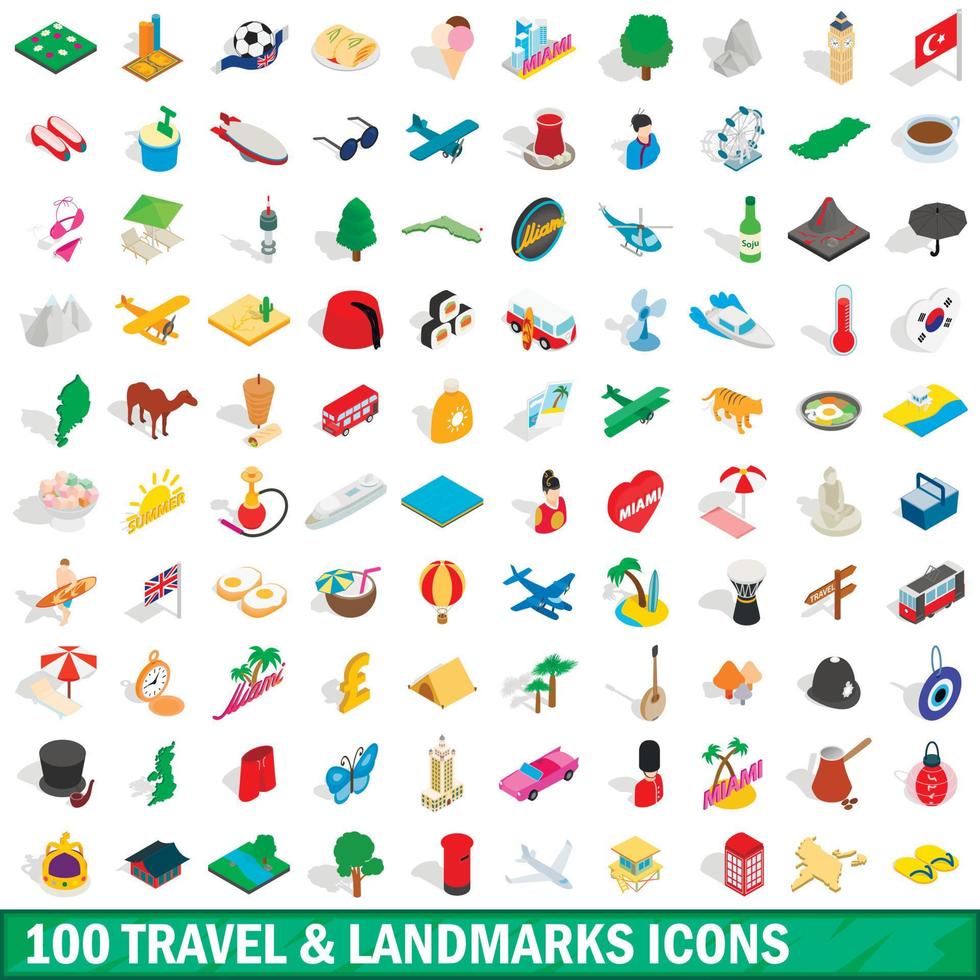100 icone di punti di riferimento di viaggio impostate, stile 3d isometrico vettore