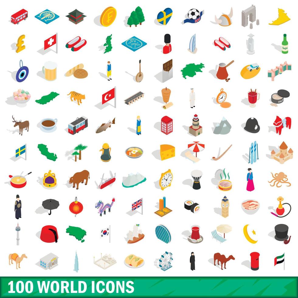 100 icone del mondo impostate, stile 3d isometrico vettore
