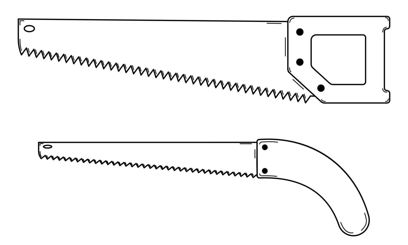 set disegnato a mano di due seghetti. strumento per tagliare il legno. stile scarabocchio. schizzo. illustrazione vettoriale. vettore