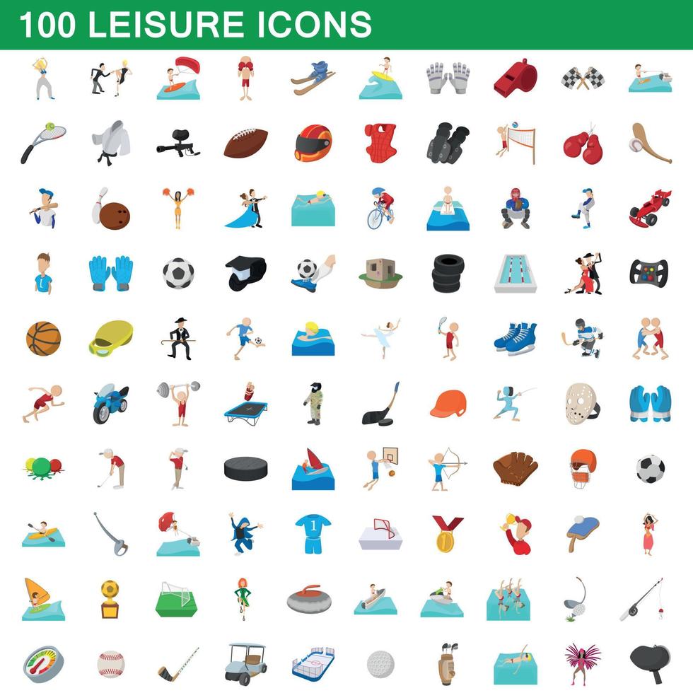 100 icone per il tempo libero impostate, stile cartone animato vettore