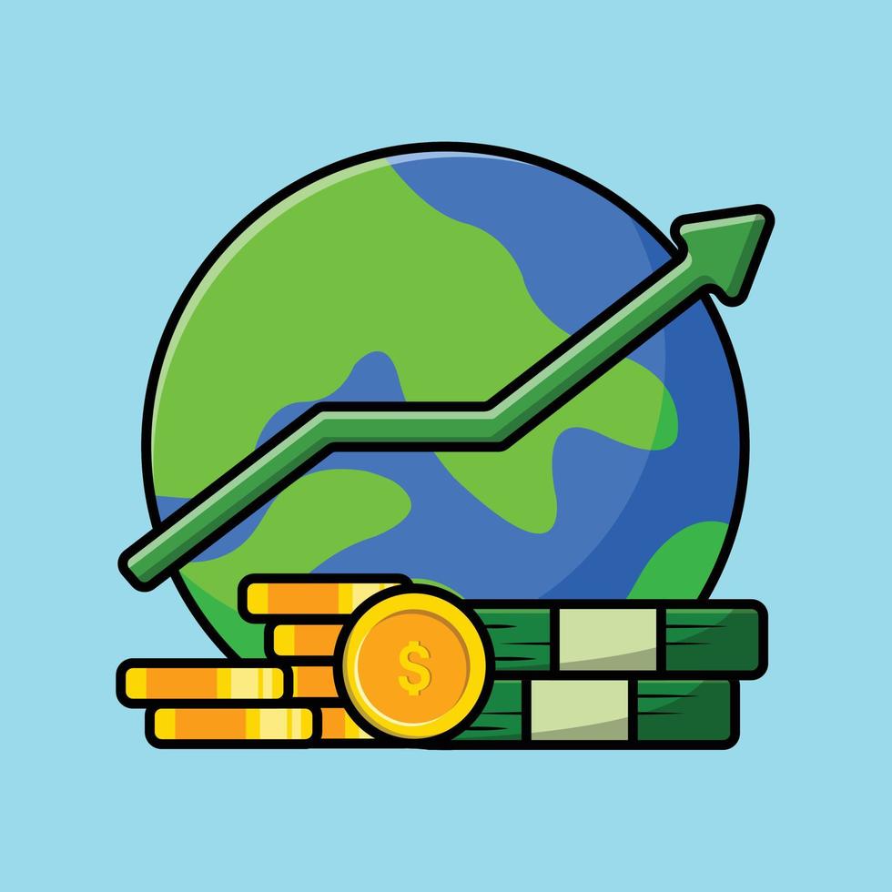 moneta con il globo e l'illustrazione dell'icona del vettore del fumetto statistico. concetto di icona di finanza aziendale isolato vettore premium