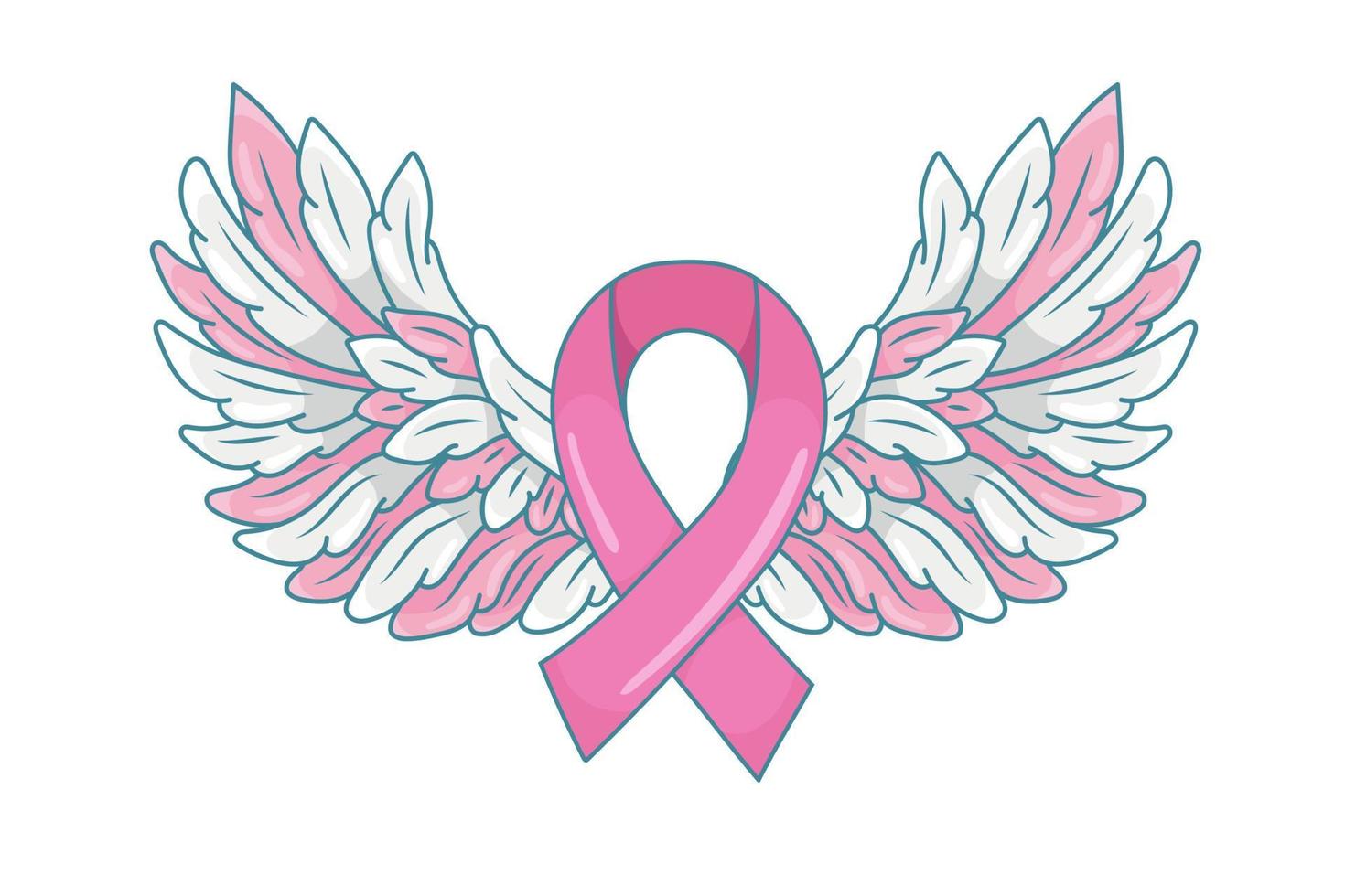 nastro rosa con ali d'angelo spiegate come simbolo di speranza e sostegno. illustrazione del mese di consapevolezza del cancro al seno. vettore isolato su bianco