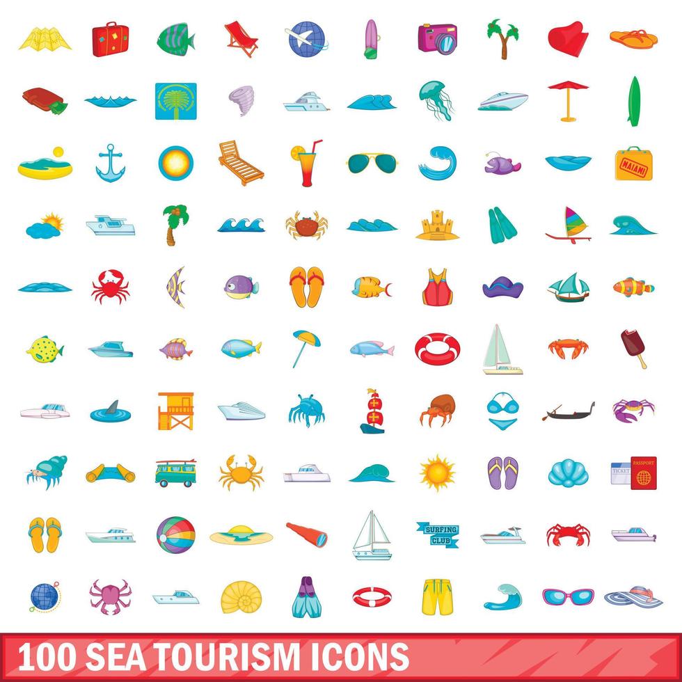 100 set di icone del turismo marittimo, stile cartone animato vettore