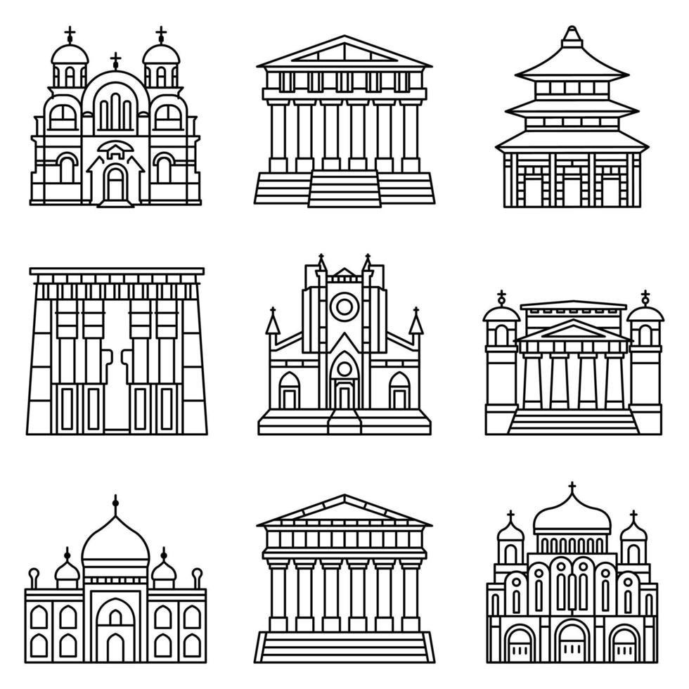 set di icone del tempio, stile contorno vettore