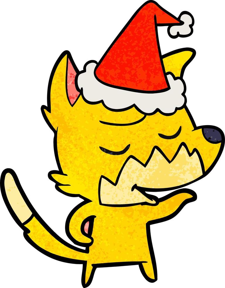 amichevole cartone animato strutturato di una volpe che indossa il cappello di Babbo Natale vettore