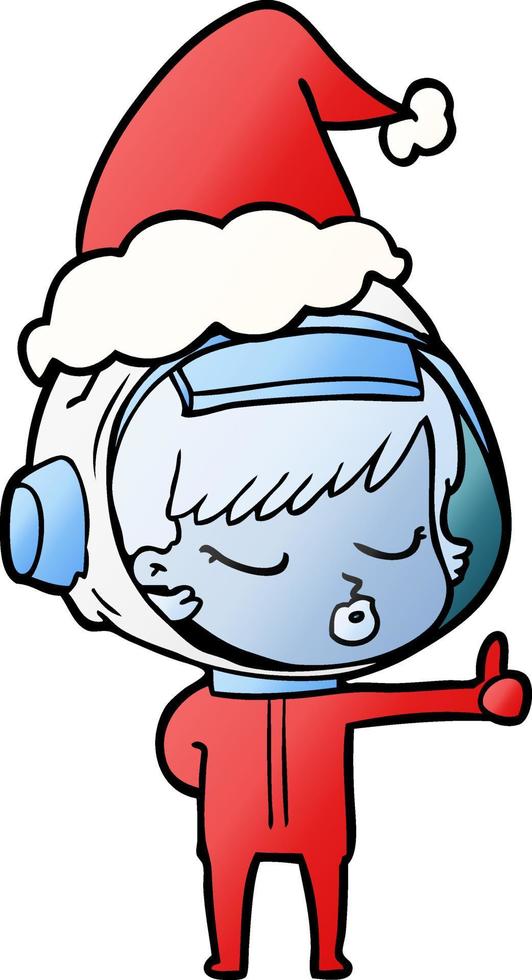 cartone animato sfumato di una bella ragazza astronauta che dà i pollici in su indossando il cappello di Babbo Natale vettore