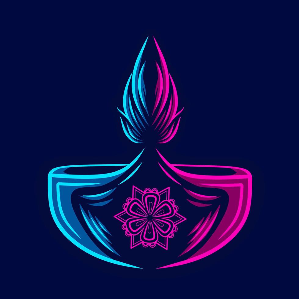 felice diwali festival of lights linea vettoriale neon art potrait logo design colorato con sfondo scuro. illustrazione grafica astratta.