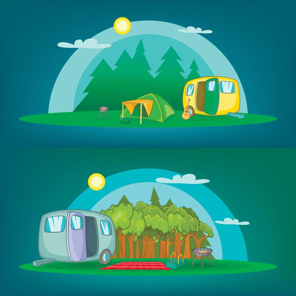 campeggio 2 banner impostato orizzontale, stile cartone animato vettore