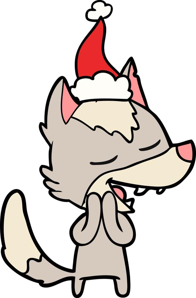 disegno a tratteggio di un lupo che ride indossando il cappello di Babbo Natale vettore