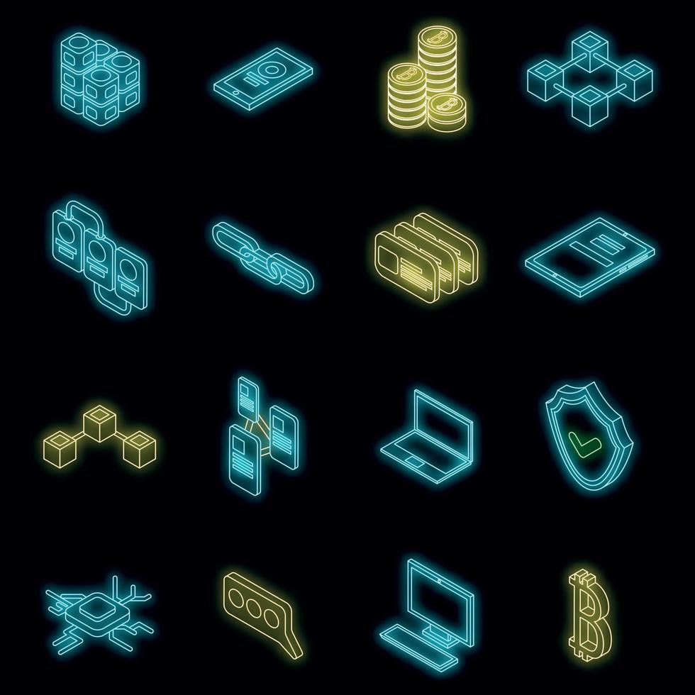 blockchain icon set vettore neon