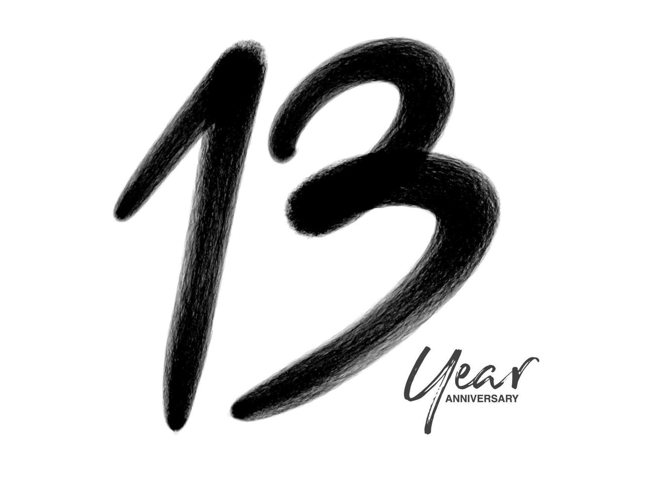 13 anni anniversario celebrazione modello vettoriale, 13 anni logo design, 13° compleanno, lettere nere numeri pennello disegno schizzo disegnato a mano, numero logo design illustrazione vettoriale