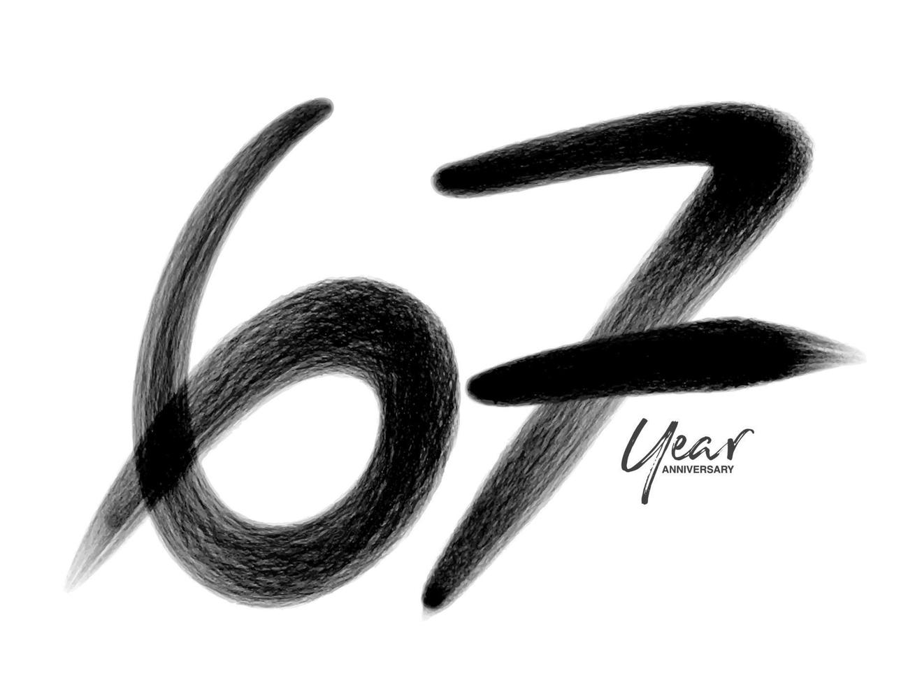 67 anni anniversario celebrazione modello vettoriale, 67 anni logo design, 67esimo compleanno, lettere nere numeri pennello disegno schizzo disegnato a mano, numero logo design illustrazione vettoriale