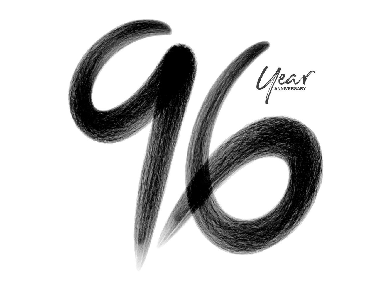 96 anni anniversario celebrazione modello vettoriale, 96 anni logo design, 96° compleanno, lettere nere numeri pennello disegno schizzo disegnato a mano, numero logo design illustrazione vettoriale