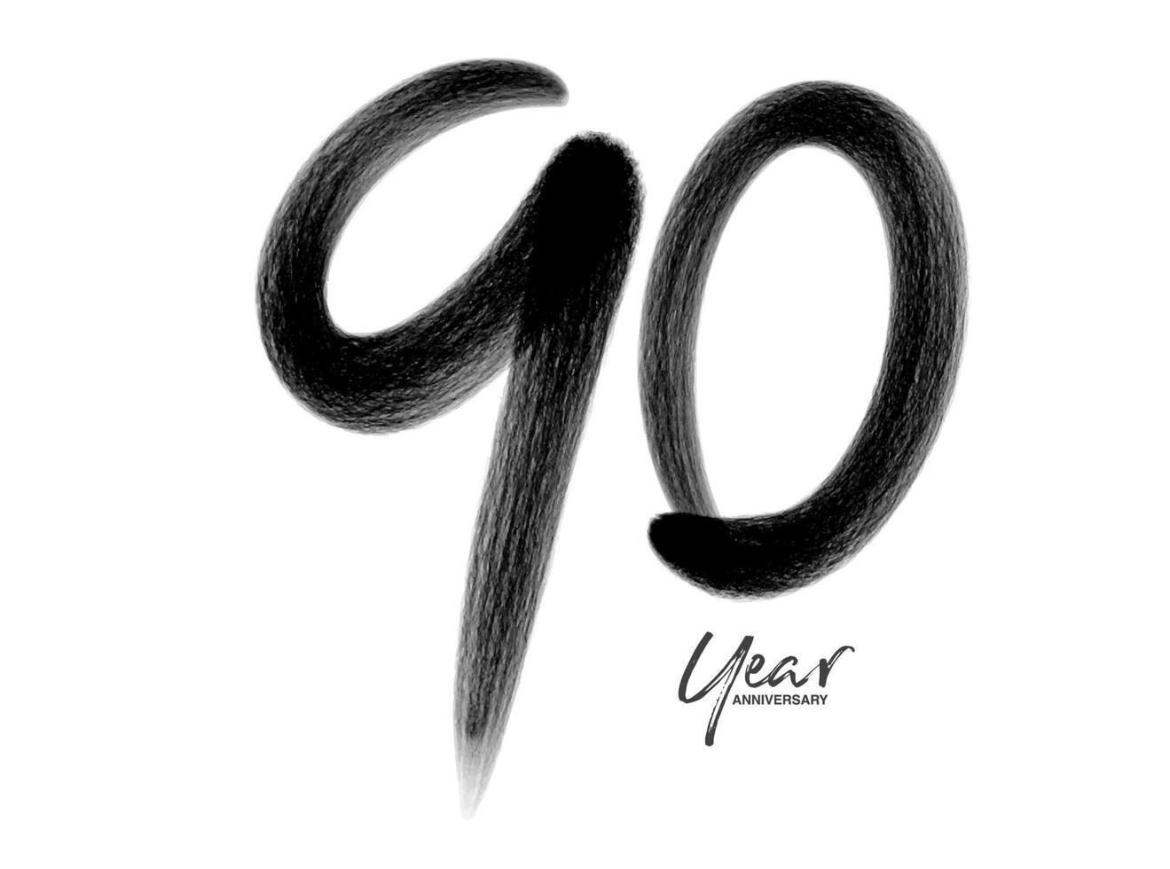 90 anni anniversario celebrazione modello vettoriale, 90 anni logo design, 90° compleanno, lettere nere numeri pennello disegno schizzo disegnato a mano, numero logo design illustrazione vettoriale