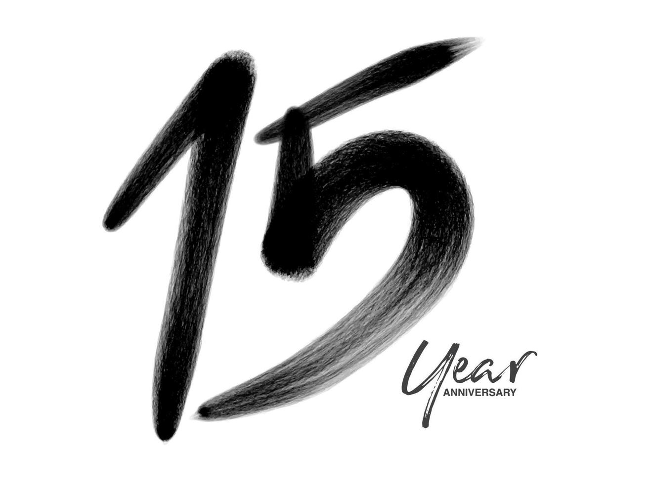 15 anni anniversario celebrazione modello vettoriale, 15 anni logo design, 15° compleanno, lettere nere numeri pennello disegno schizzo disegnato a mano, numero logo design illustrazione vettoriale