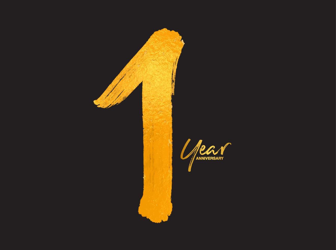 oro 1 anno anniversario celebrazione modello vettoriale, 1 anno logo design, 1° compleanno, lettere dorate numeri pennello disegno schizzo disegnato a mano, numero logo design illustrazione vettoriale