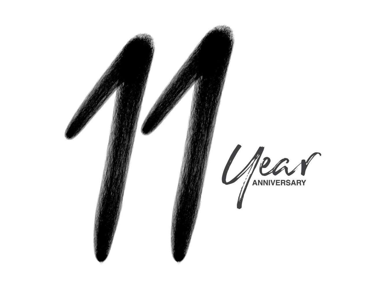 11 anni anniversario celebrazione modello vettoriale, 11 anni logo design, 11° compleanno, lettere nere numeri pennello disegno schizzo disegnato a mano, numero logo design illustrazione vettoriale