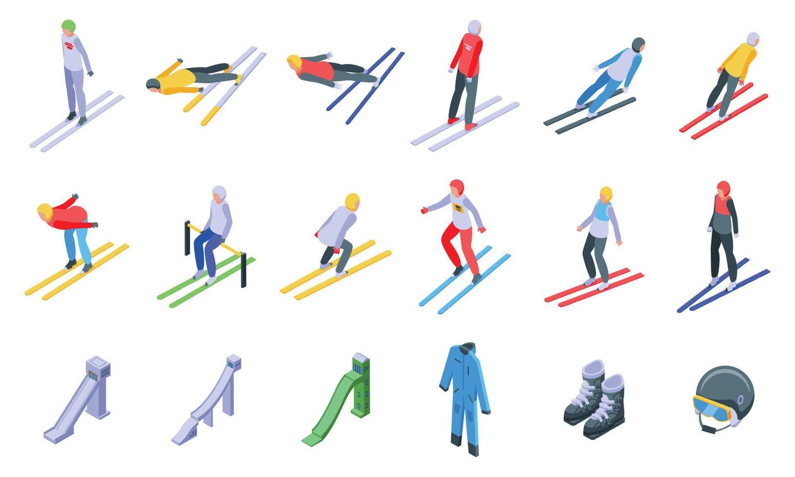 le icone del salto con gli sci impostano il vettore isometrico. salto d'azione