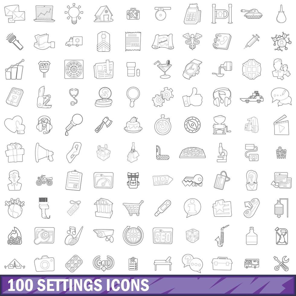 100 icone delle impostazioni impostate, stile contorno vettore