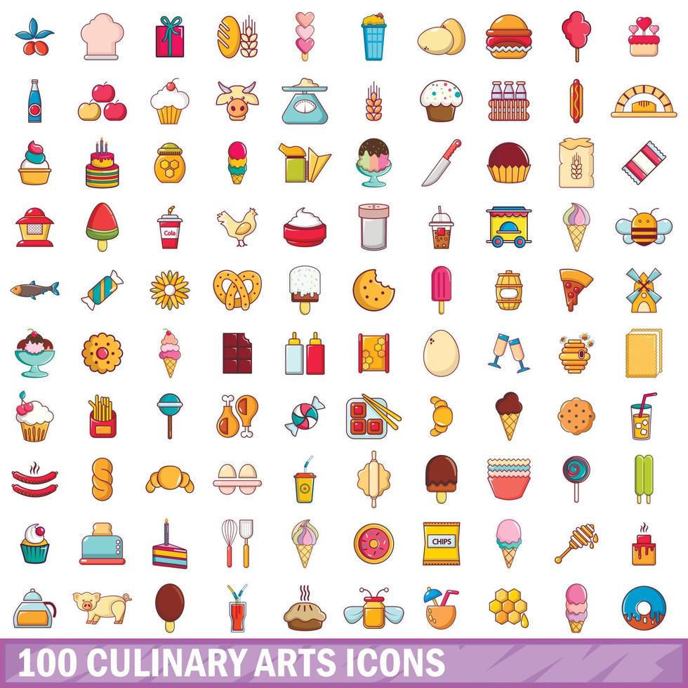 100 icone di arti culinarie impostate, stile cartone animato vettore