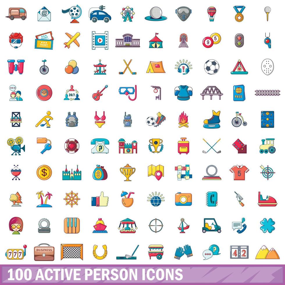 100 icone di persone attive impostate, stile cartone animato vettore