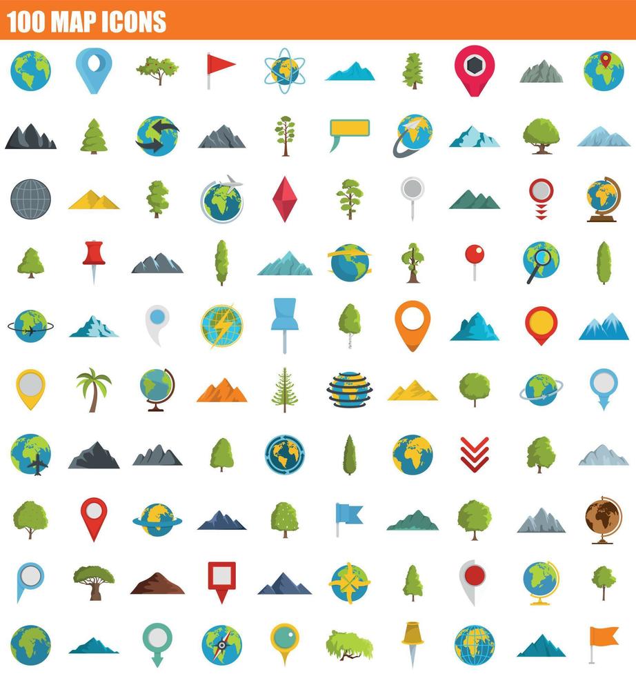 100 set di icone mappa, stile piatto vettore