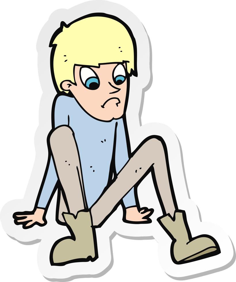 adesivo di un ragazzo cartone animato seduto sul pavimento vettore