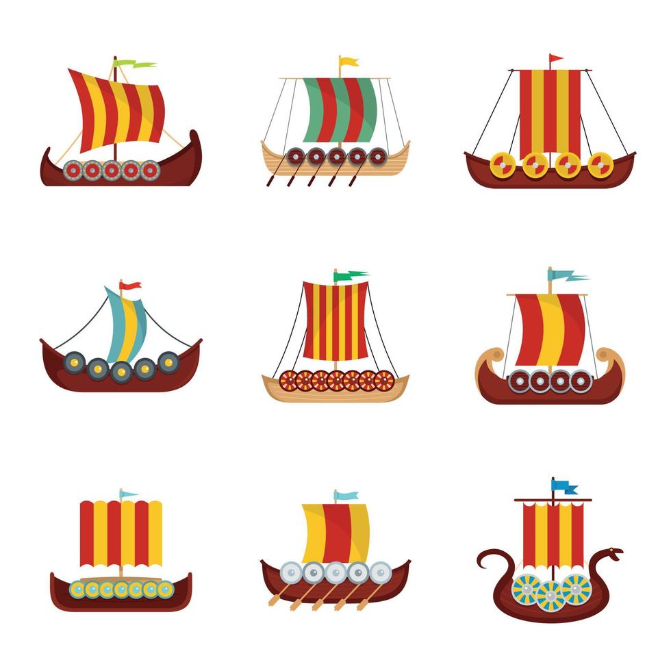 Nave vichinga barca drakkar set di icone, stile piatto vettore