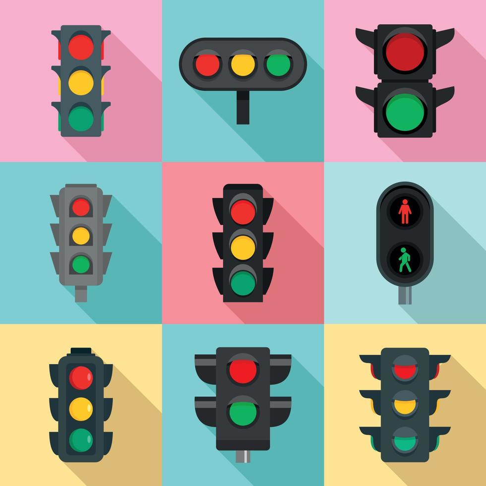 set di icone di semafori, stile piatto vettore