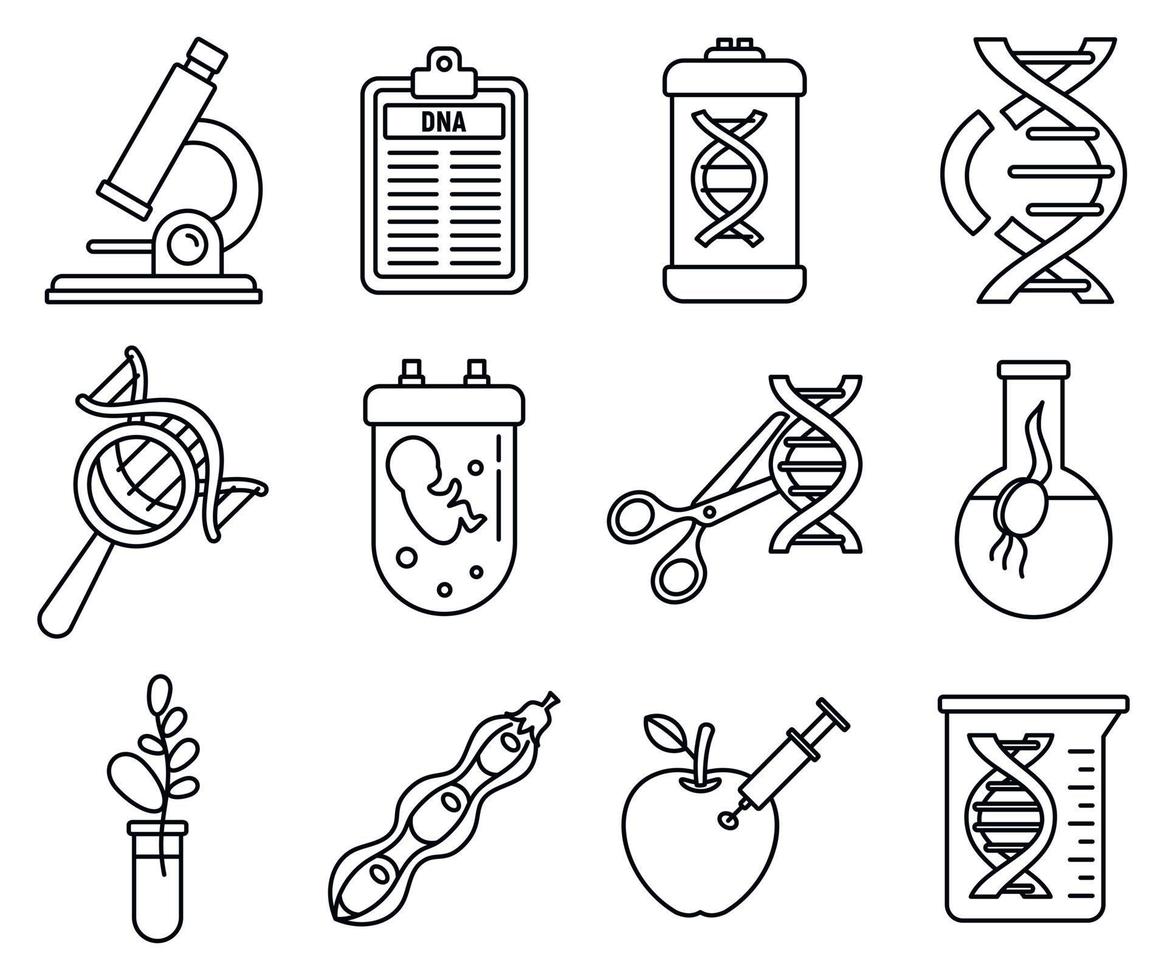 set di icone di ingegneria genetica del dna, stile contorno vettore