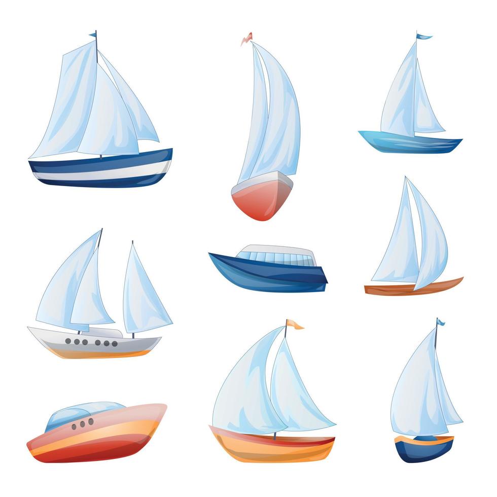 set di icone di yacht, stile cartone animato vettore