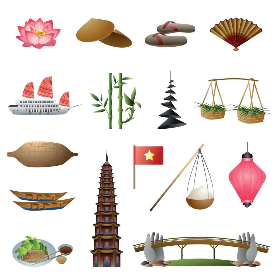 set di icone del vietnam, stile cartone animato vettore