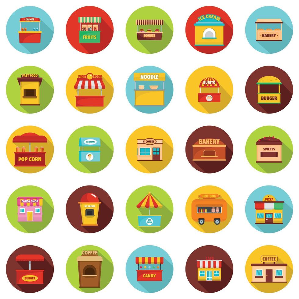 set di icone del chiosco di cibo di strada, stile piatto vettore