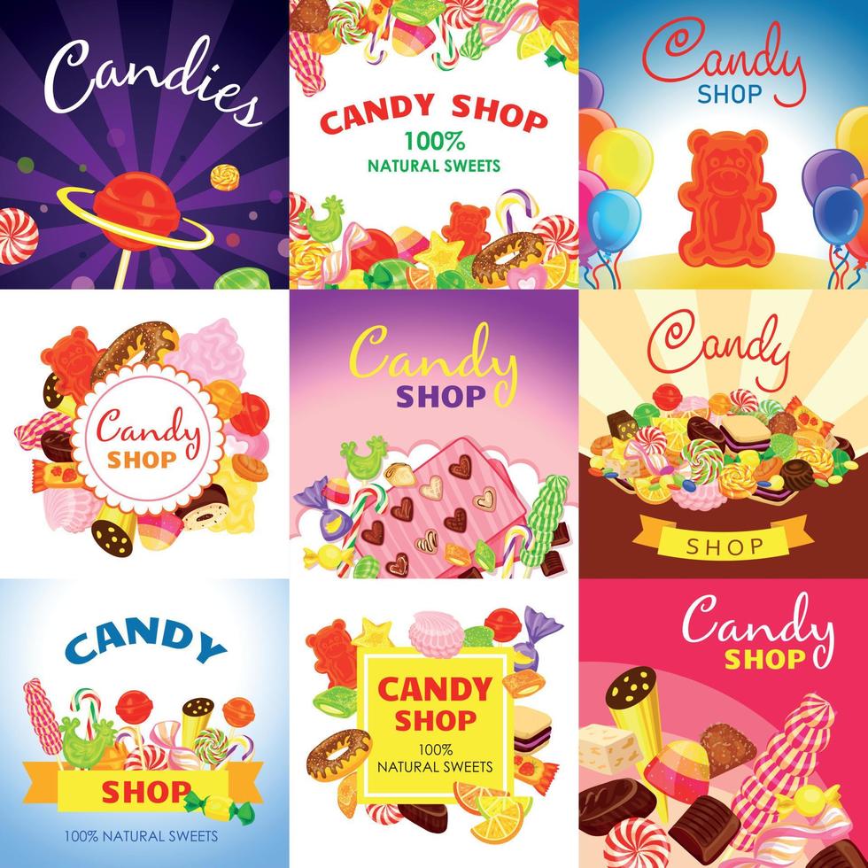 set di banner di caramelle dolci, stile cartone animato vettore