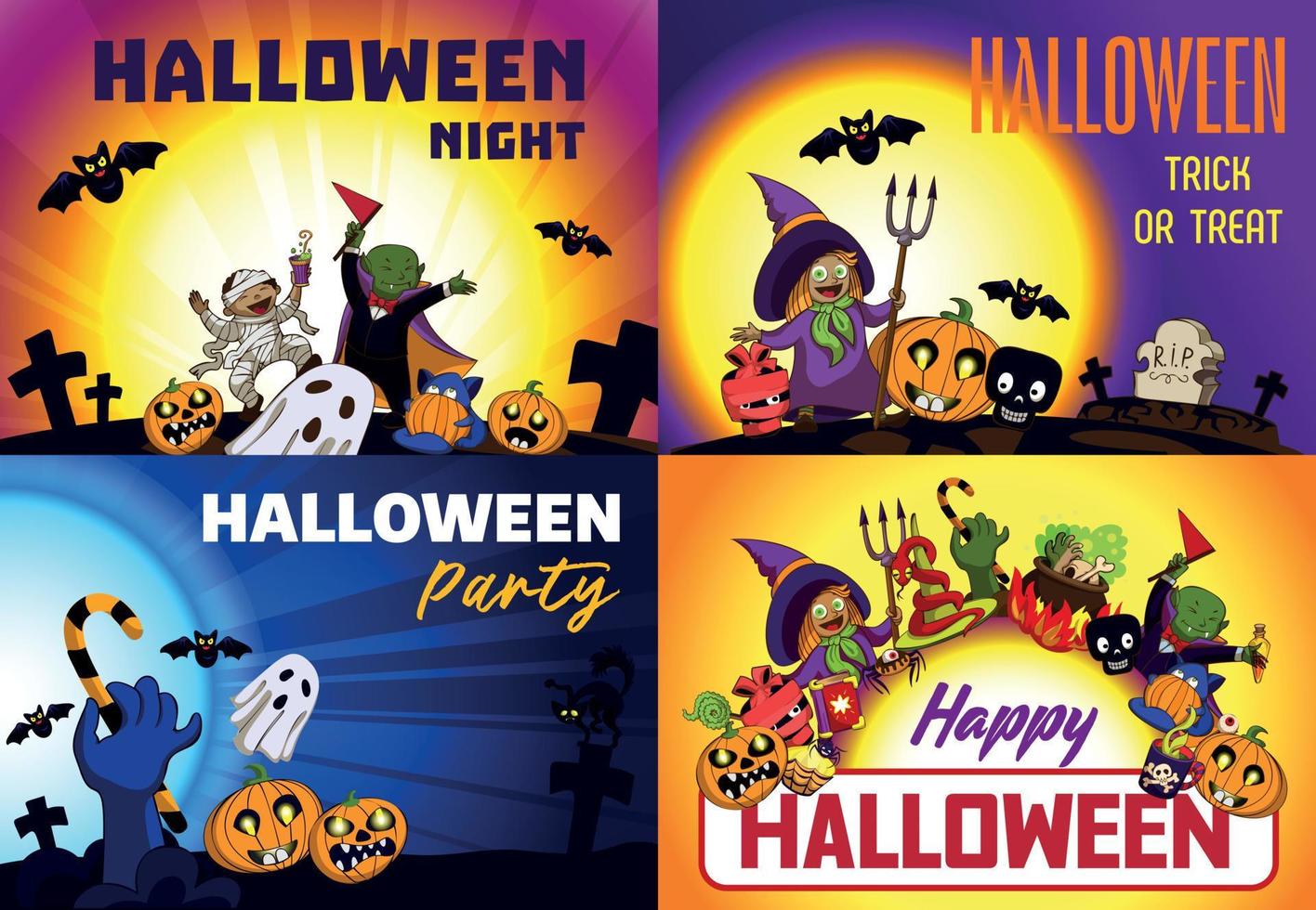 felice set di banner di halloween, stile cartone animato vettore