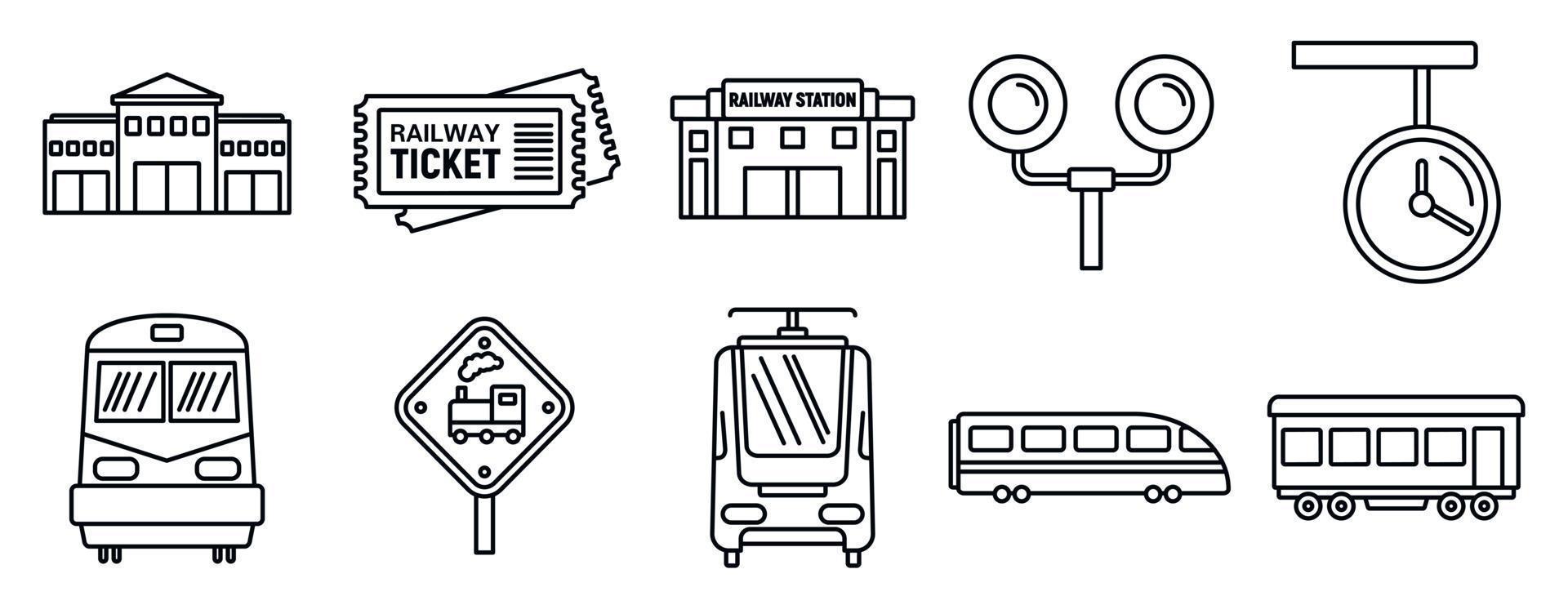 Set di icone della stazione ferroviaria ferroviaria, stile del contorno vettore