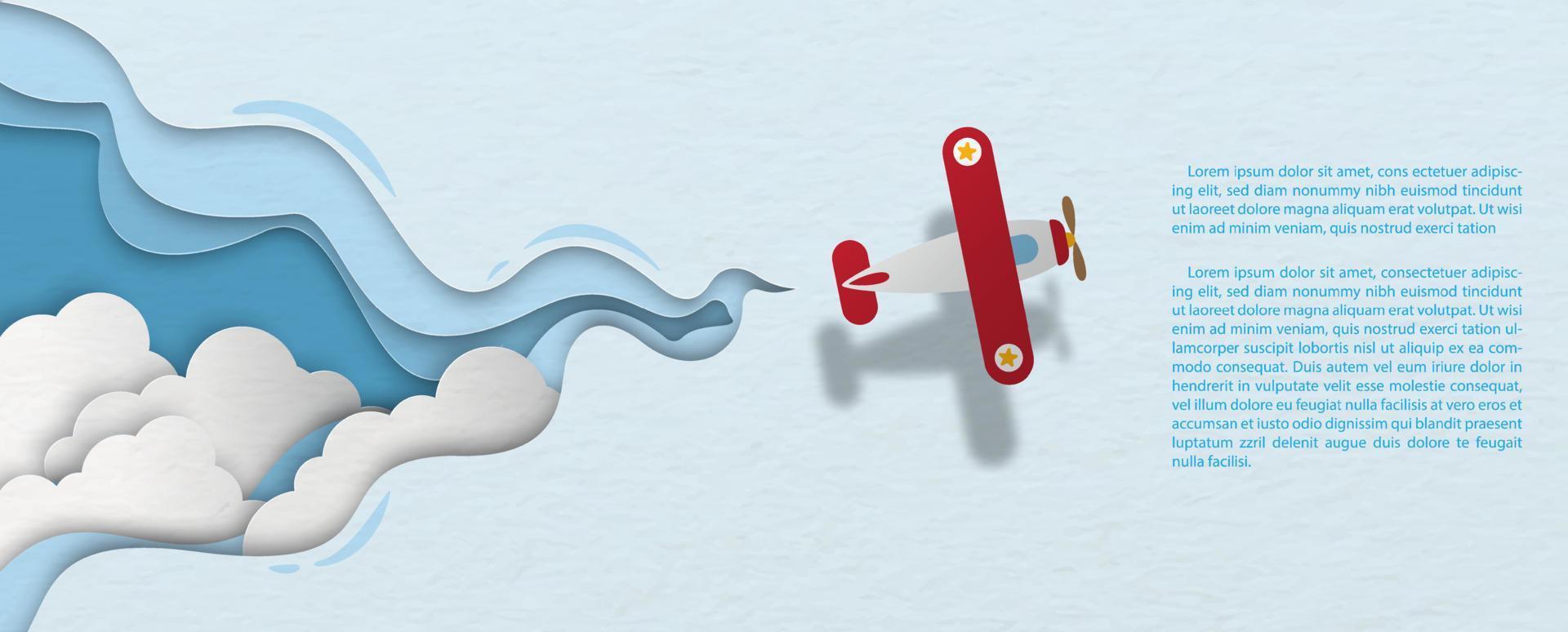 gruppo di nuvole bianche cielo in un modello astratto con aereo a elica che vola e testi di esempio su carta blu sullo sfondo del modello. banner web in stile taglio carta e design vettoriale. vettore