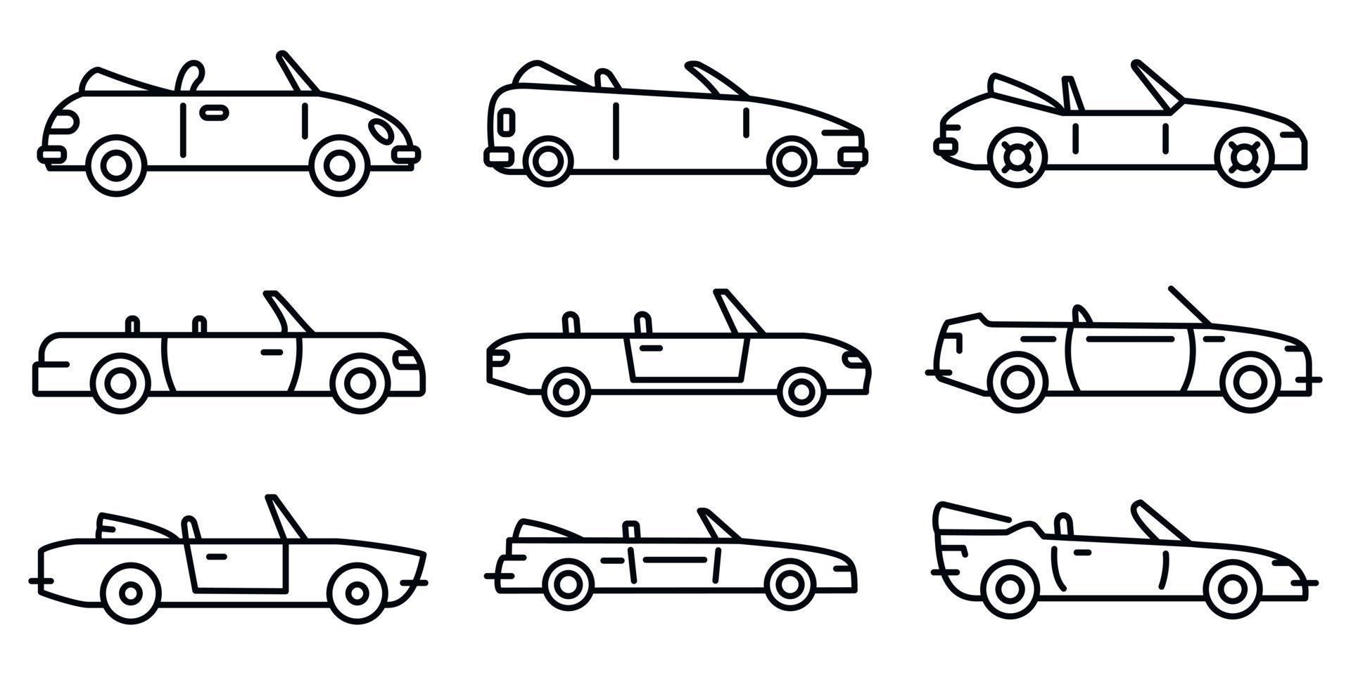 set di icone moderne cabriolet, stile contorno vettore