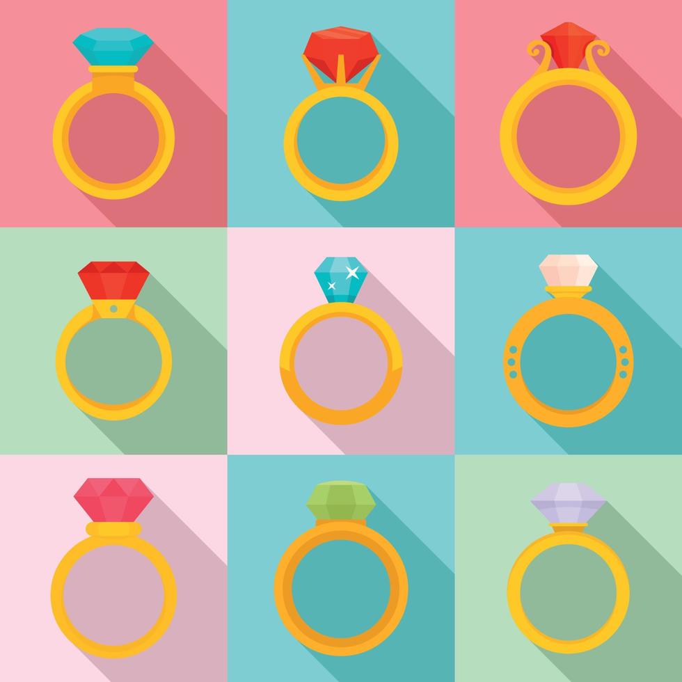 anello di diamanti set di icone, stile piatto vettore