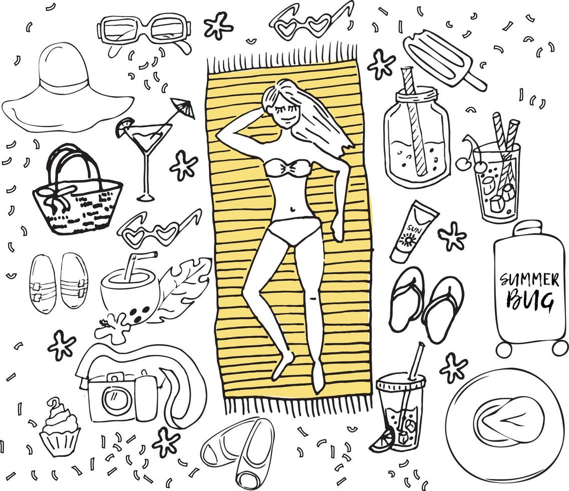 spiaggia estiva, simboli e oggetti vettoriali disegnati a mano. impostato su uno sfondo bianco isolato. illustrazioni di contorno. doodle disegni abbigliamento, borsa, occhiali da sole, costume da bagno, cocktail party per mare.