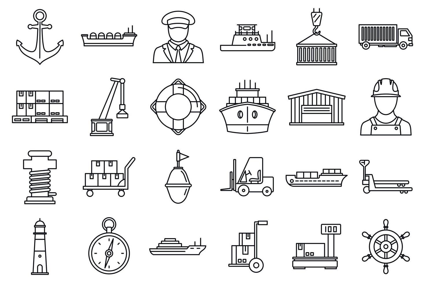 set di icone di trasporto marittimo portuale, stile contorno vettore