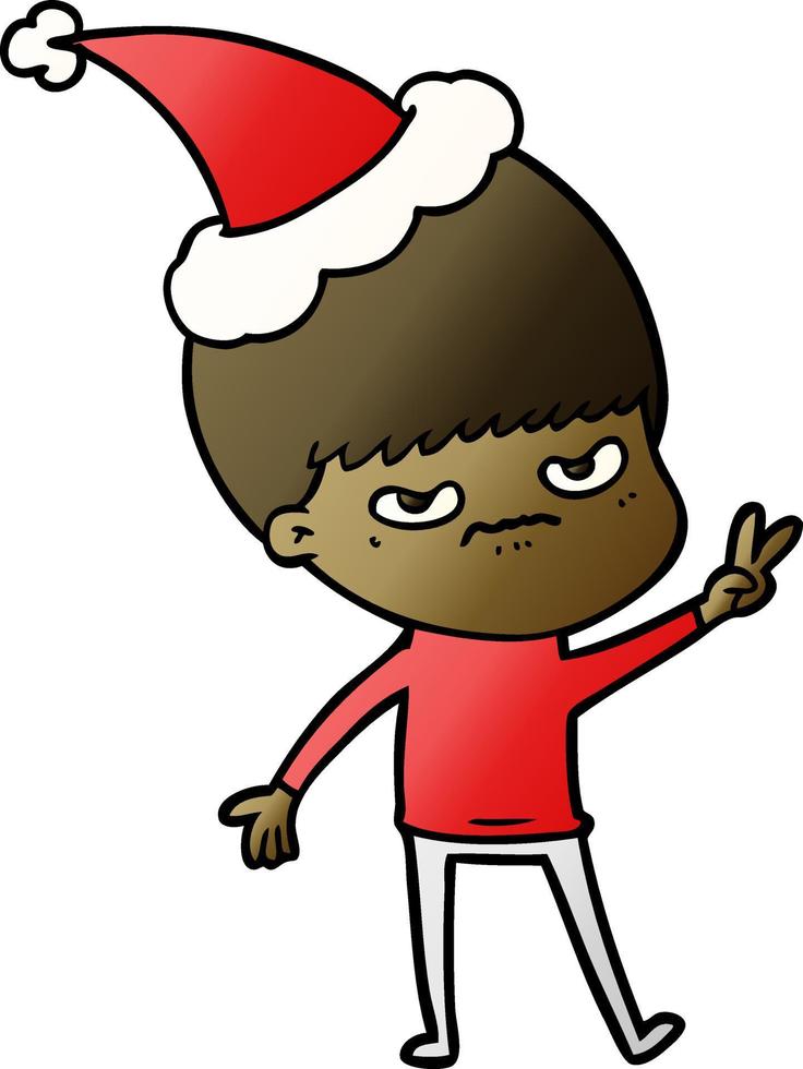 cartone animato a gradiente infastidito di un ragazzo che indossa il cappello di Babbo Natale vettore
