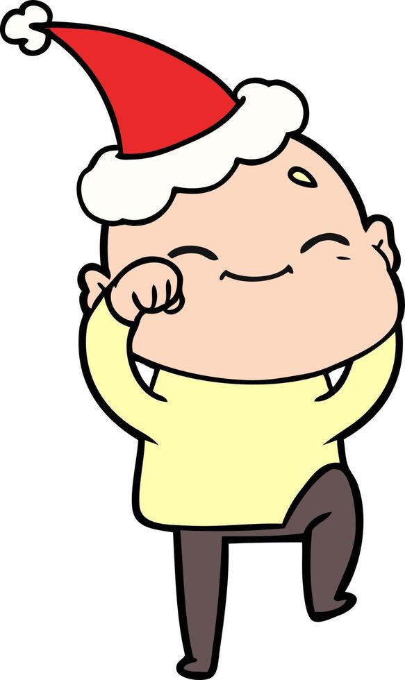 felice disegno di un uomo calvo che indossa il cappello di Babbo Natale vettore